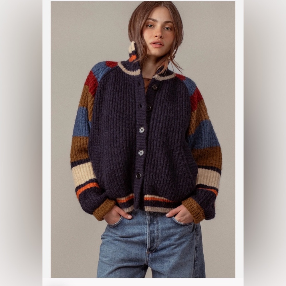 New! The “NY PREP” Varsity Stripped Button Front Fur Lined Sweater Cardigan